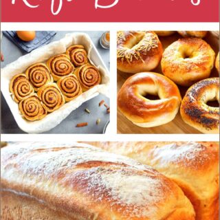 variety breads, cinnamon rolls, bagels, bread loaves