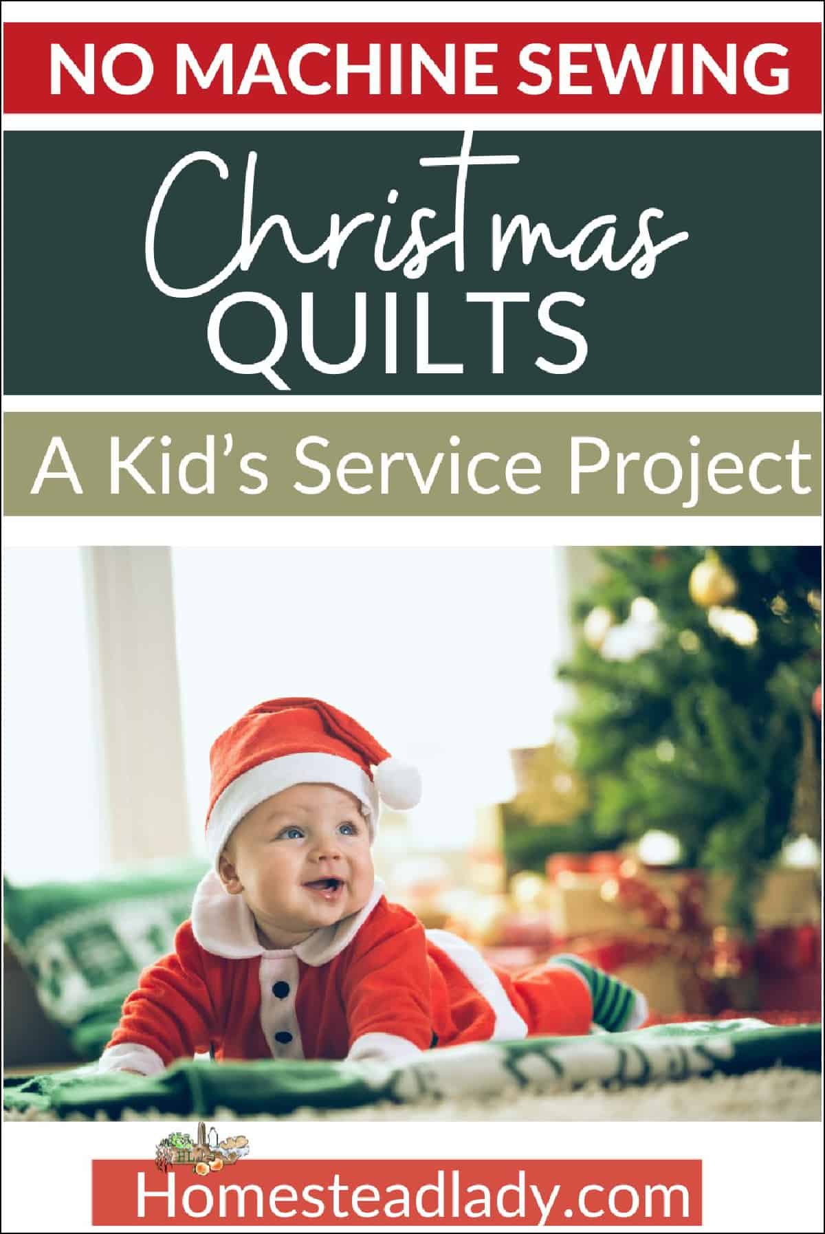 baby in a Christmas outfit on a Christmas quilt
