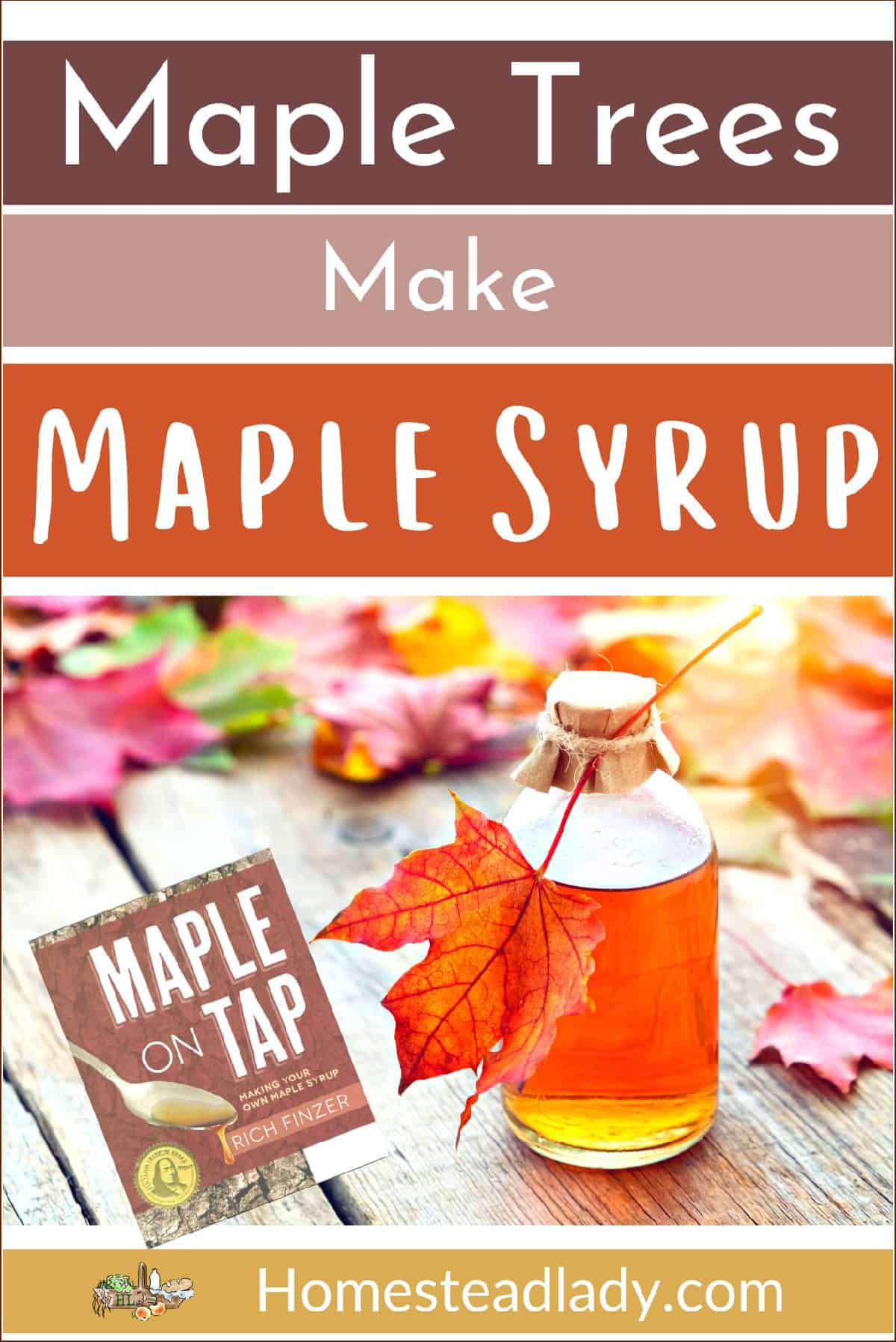 jar of homemade maple syrup with fall maple leaves