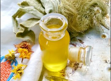Calendula, mullein and usnea on a tray with white tea towel and oil vial with dropper