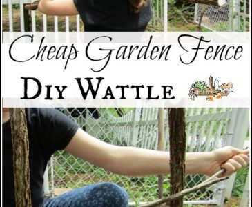 girl weaving wattle fence