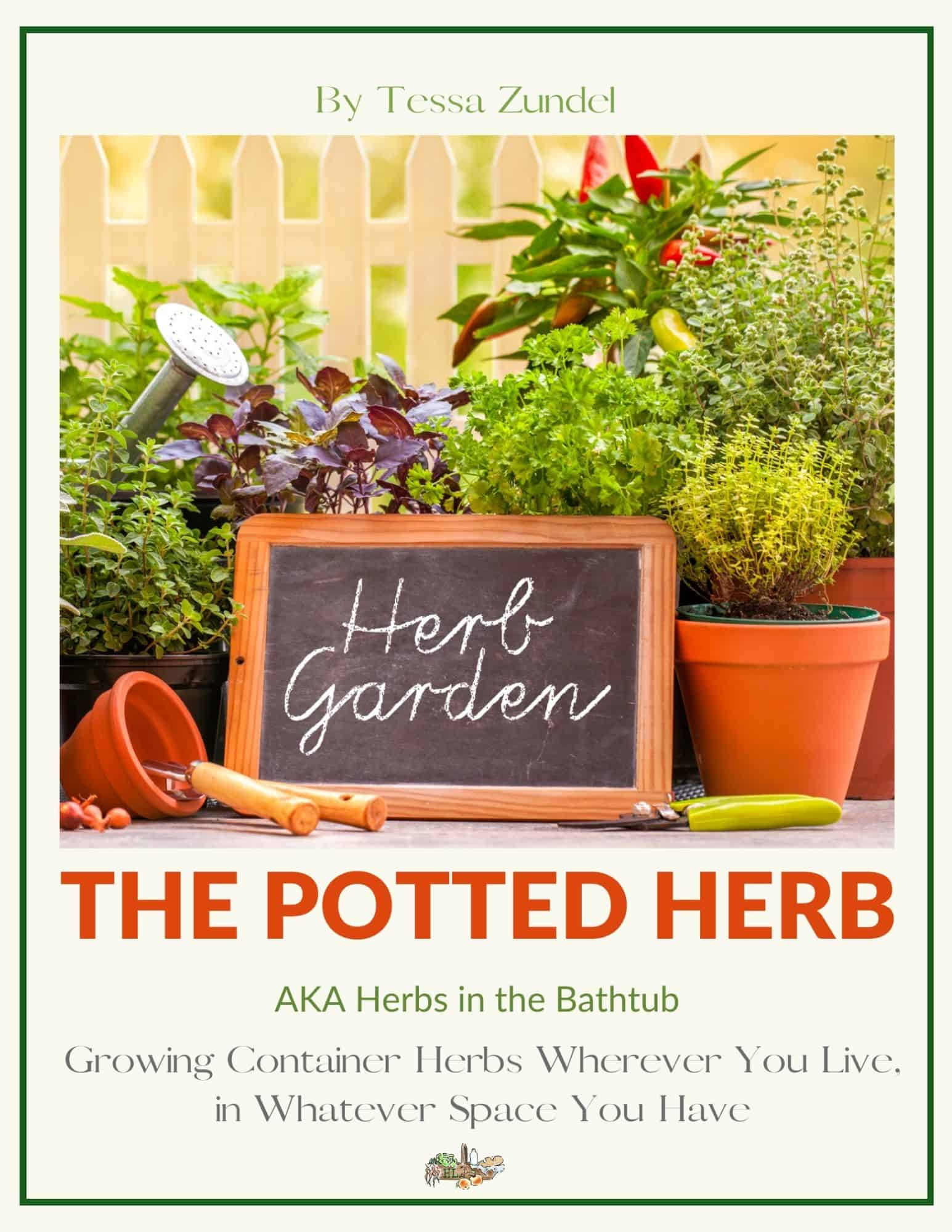 herbs growing in pots with trowels and a sign