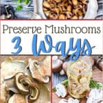 multi image, canned mushrooms in a jar, dried mushrooms on a table, sliced mushrooms in a dish