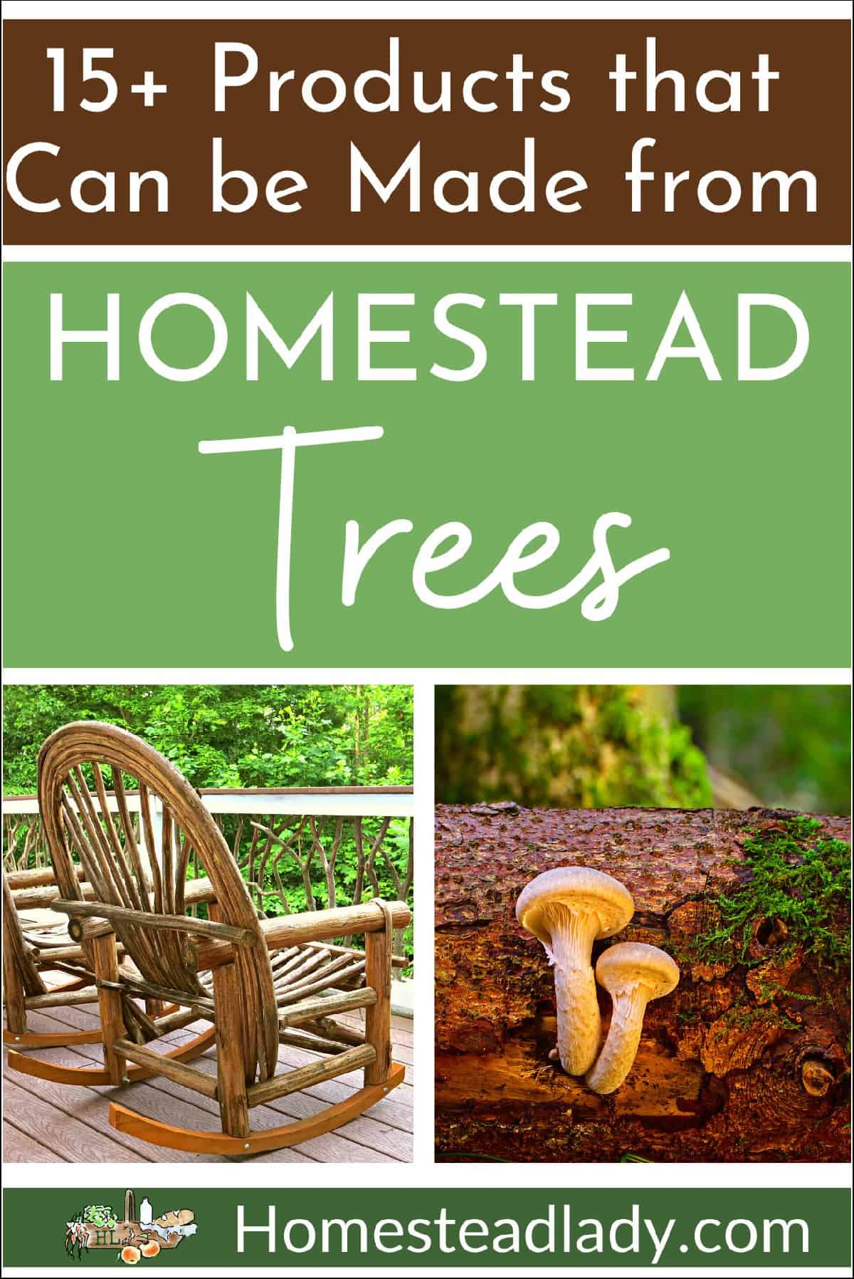 trees, coppice wood rocking chair, mushroom log