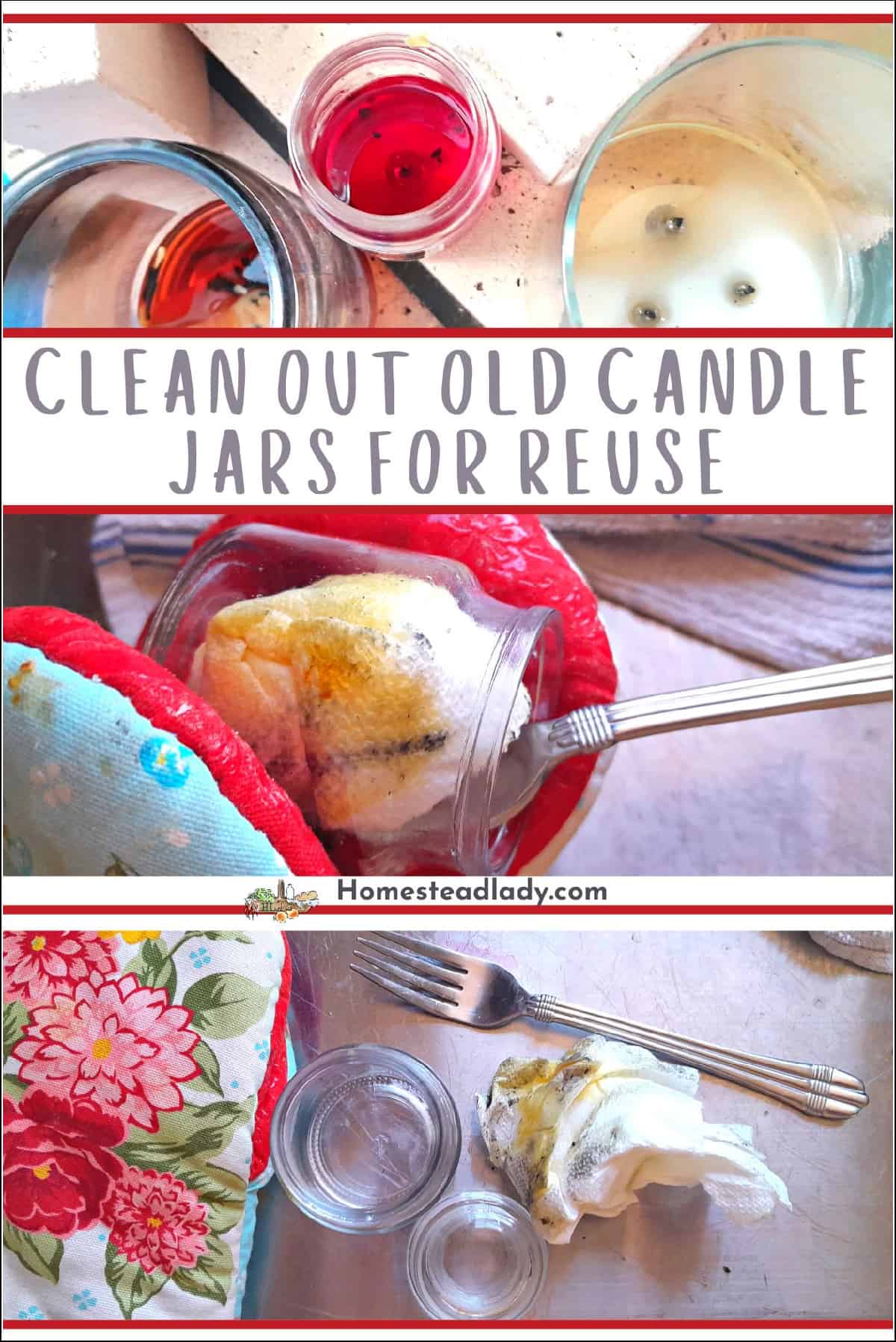 cleaning out the old wax from a jar candle container with a paper towel