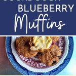 raspberry and blueberry sourdough muffins on red and blue plates